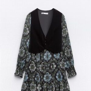 Zara Black and Blue Patterned Long Sleeve Dress with vest